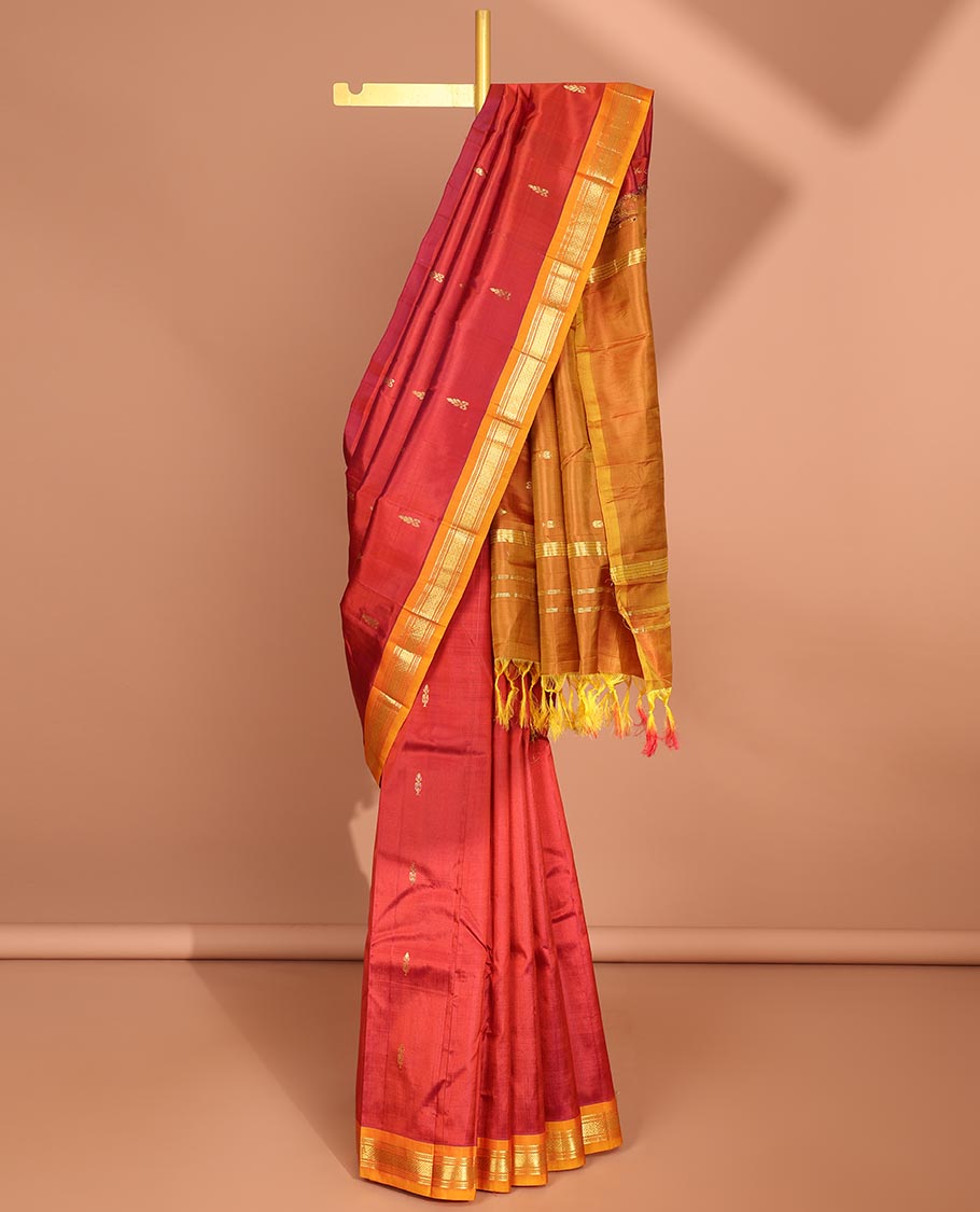 Red floral buttas kancheepuram silk saree with contrast border of  banaras, muthu, jaal designs & zari design pallu
