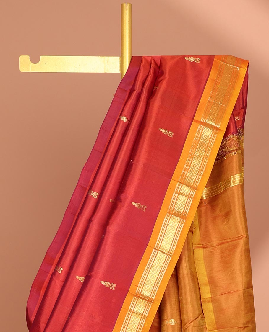 Red floral buttas kancheepuram silk saree with contrast border of  banaras, muthu, jaal designs & zari design pallu