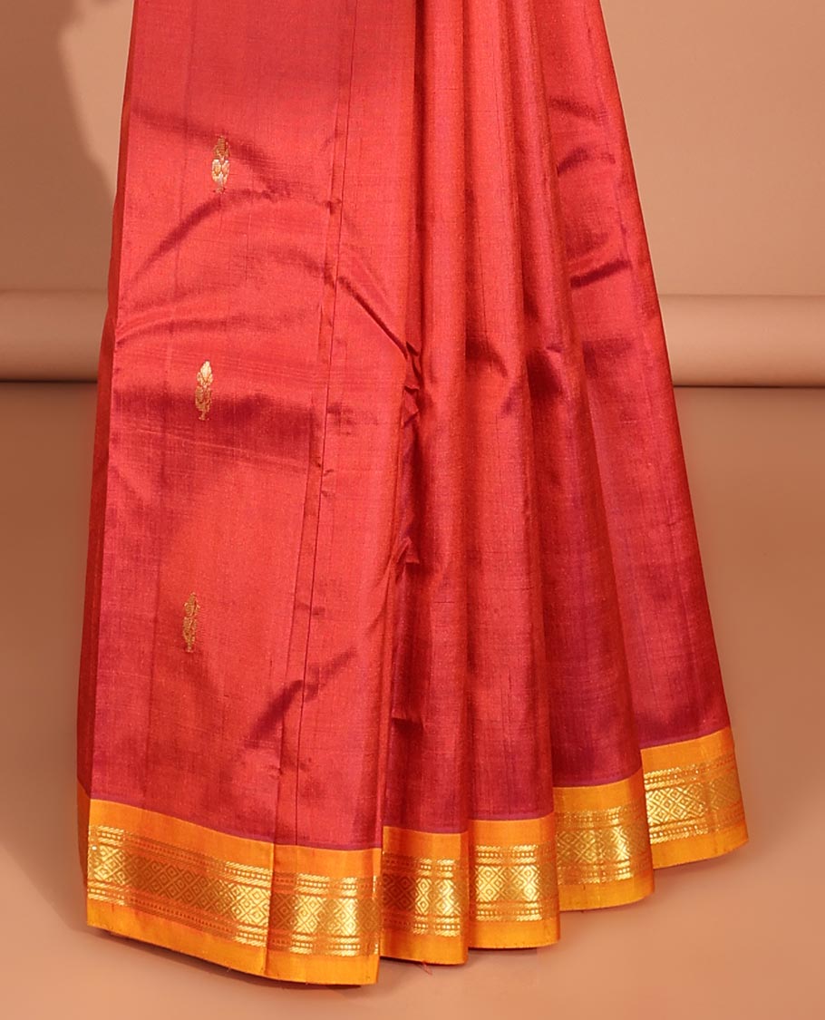 Red floral buttas kancheepuram silk saree with contrast border of  banaras, muthu, jaal designs & zari design pallu