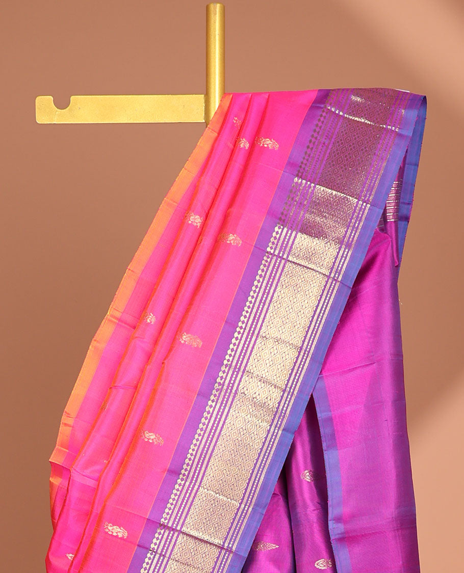 pink buttas kancheepuram silk saree with contrast border of sombu, banaras , muthu, jaal design & zari design pallu