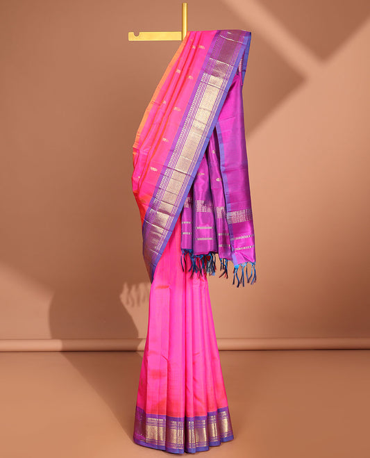 pink buttas kancheepuram silk saree with contrast border of sombu, banaras , muthu, jaal design & zari design pallu