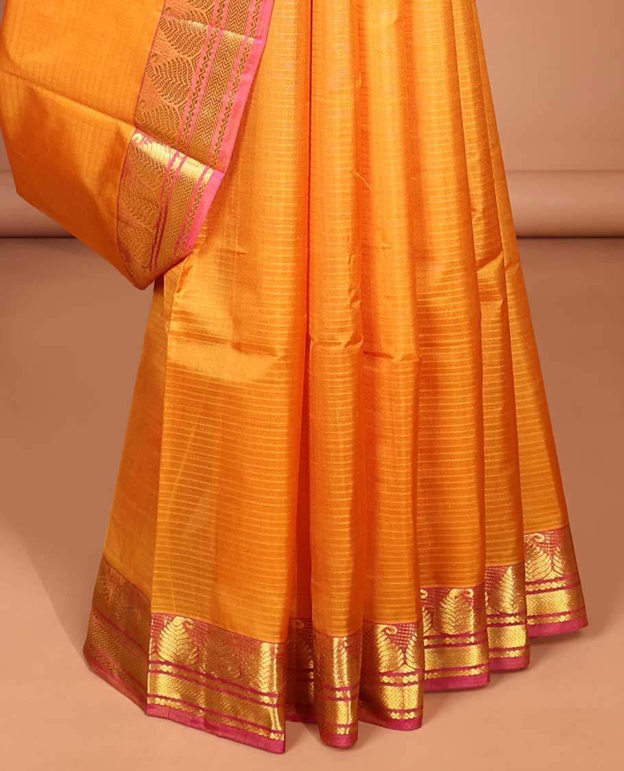 Yellow striped kancheepuram silk saree with contrast border og manga, banaras design & zari design pallu