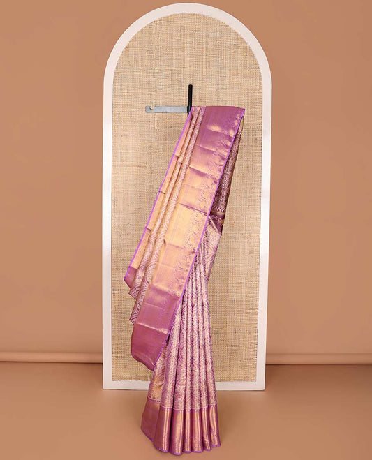 Pink ogee design kancheepuram silk saree with contrast border of rekku, muthu, banaras, kathir design & zari design pallu