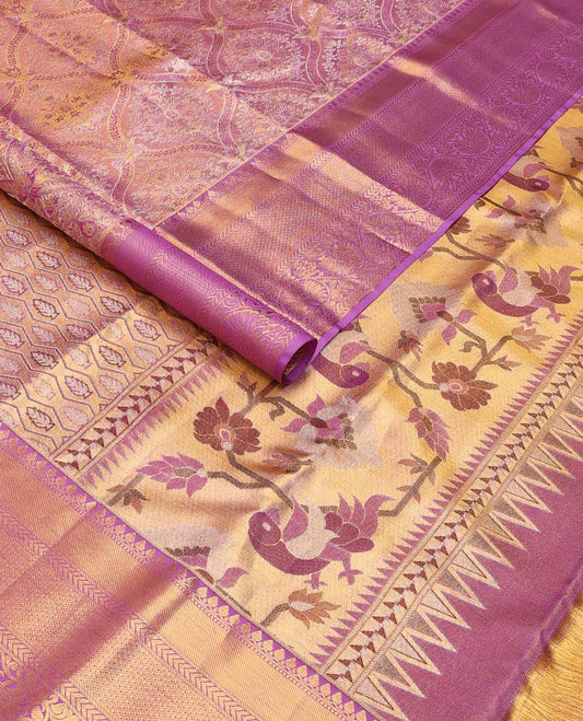 Pink ogee design kancheepuram silk saree with contrast border of rekku, muthu, banaras, kathir design & zari design pallu