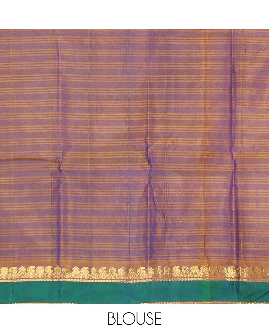 Royal blue checked Kanchipuram silk saree, contrast border of manga, neli, and diamond designs, and striped pallu