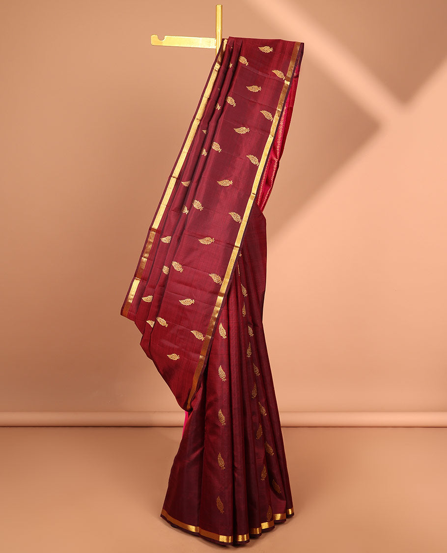 Maroon leaf buttas kancheepuram silk saree with contras zari border & animal , checked zari design pallu
