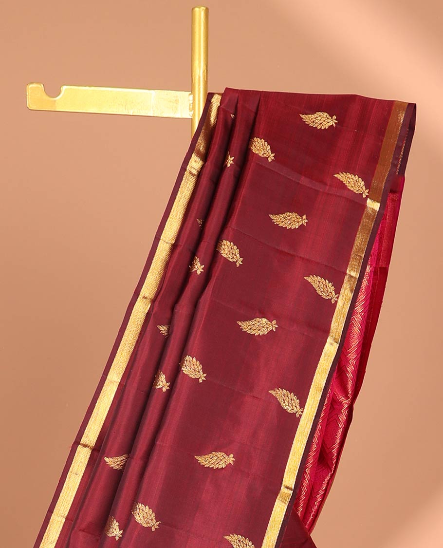 Maroon leaf buttas kancheepuram silk saree with contras zari border & animal , checked zari design pallu