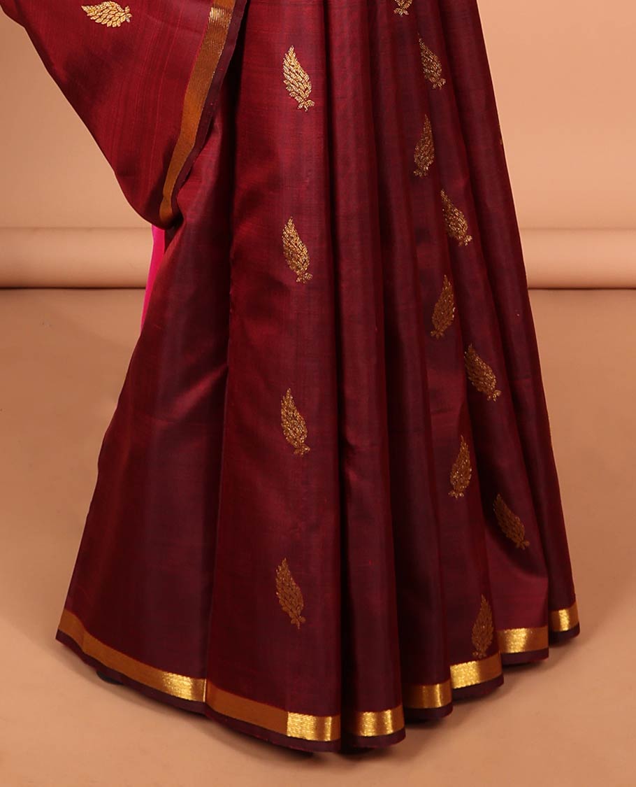Maroon leaf buttas kancheepuram silk saree with contras zari border & animal , checked zari design pallu
