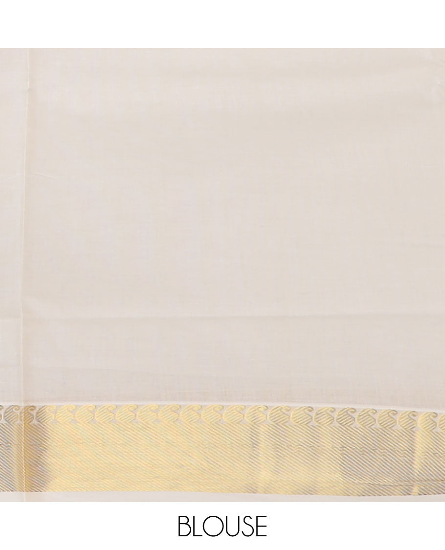 Cream paisley buttas Kerala saree, zari border, and pallu of paisleys in zari