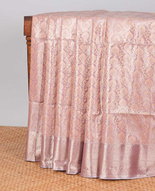 Sandal floral jacquard kora cotton saree with self zari design border & intricate jaal design pallu