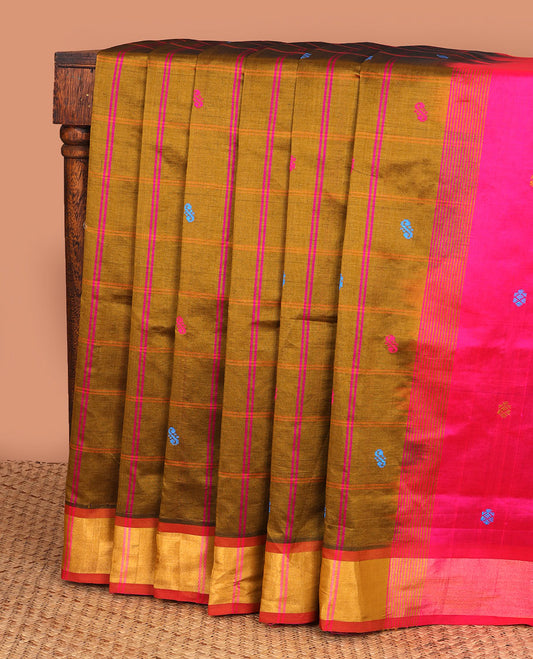 Brown checked kuppadam cotton saree with buttas, striped border & contrast pallu of stripes