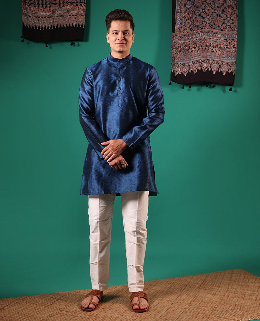 Blue peacock eye style diamond patterns embossed full-sleeved men's kurta