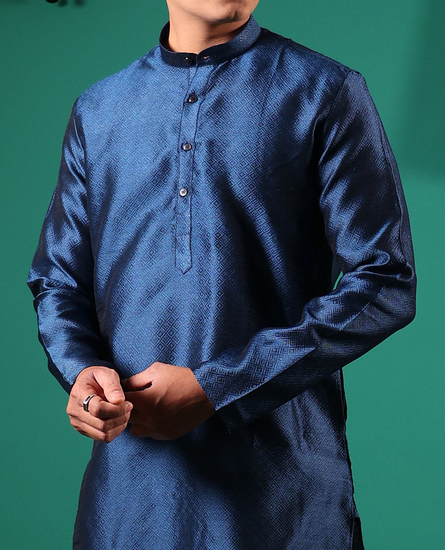 Blue peacock eye style diamond patterns embossed full-sleeved men's kurta