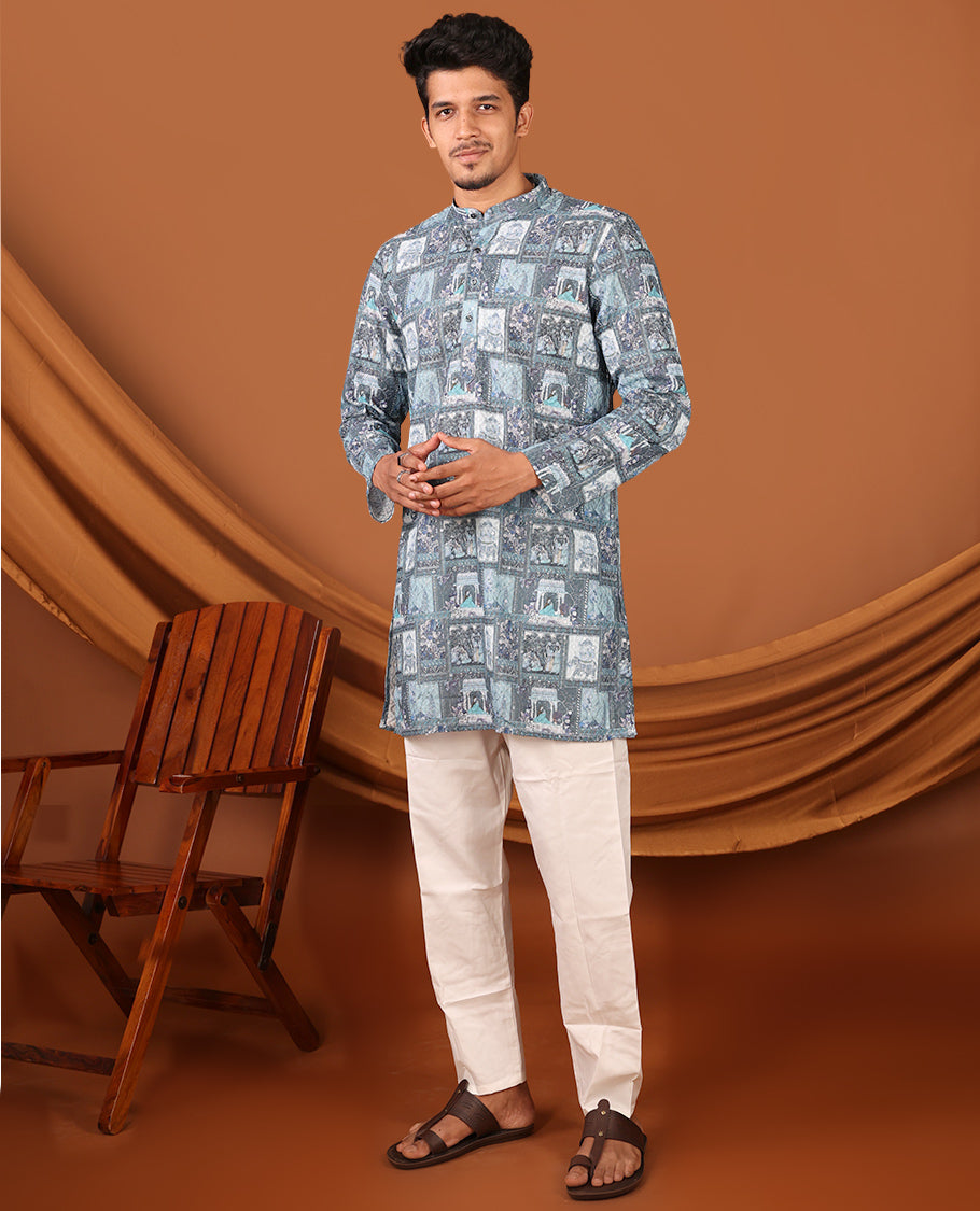 Grey Mughal-Themed Printed and Sequined Full-Sleeved Men's Kurta