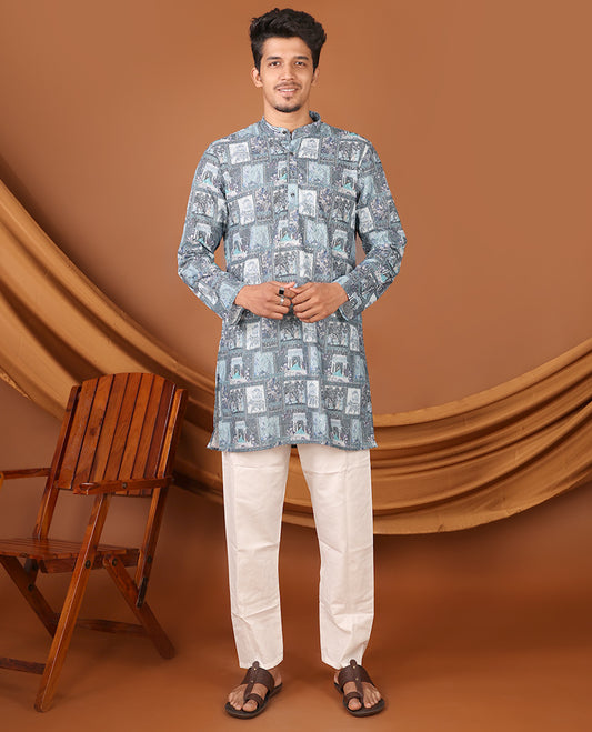 Grey Mughal-Themed Printed and Sequined Full-Sleeved Men's Kurta