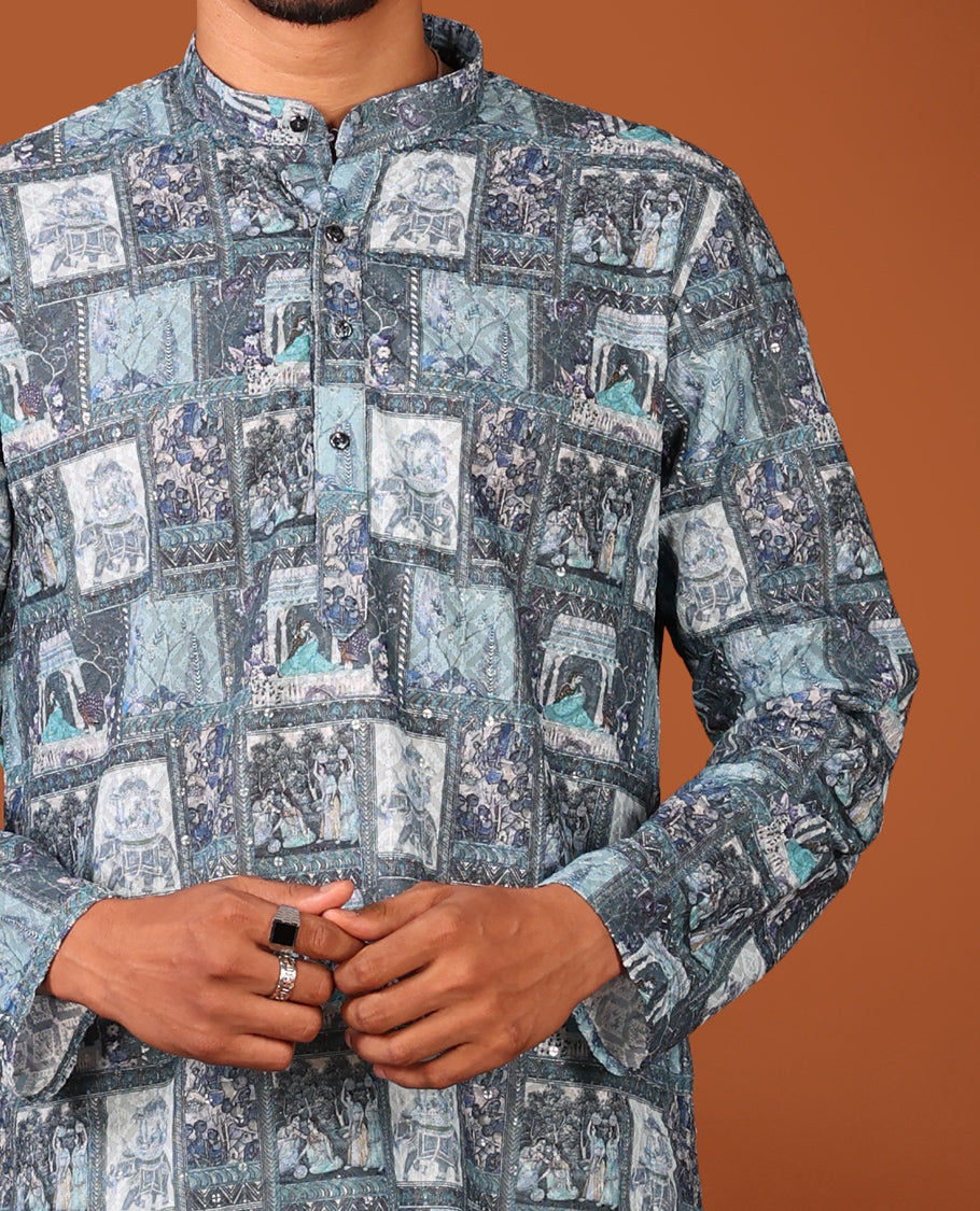 Grey Mughal-Themed Printed and Sequined Full-Sleeved Men's Kurta