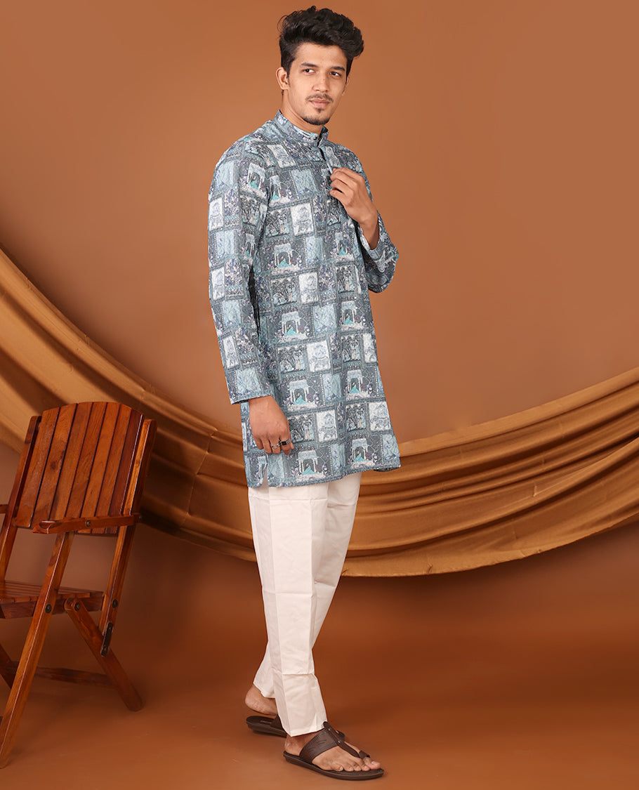 Grey Mughal-Themed Printed and Sequined Full-Sleeved Men's Kurta