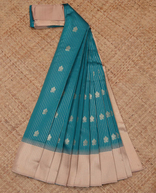 Blue Litchi Saree, Prettified with Zari Buttas and Stripes, a Contrast Zari Checked Border, Grand Pallu, and a Contrast Blouse