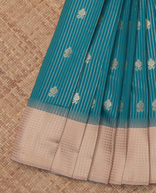 Blue Litchi Saree, Prettified with Zari Buttas and Stripes, a Contrast Zari Checked Border, Grand Pallu, and a Contrast Blouse