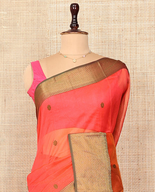 Pink Maheshwari Cotton Saree, Beautified with Floral Buttas on Its Body, Complemented by a Contrast Border of Traditional Designs, Pallu Steeped with Buttas, and Paired with a Contrast Blouse