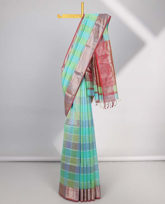 Multi-colored checked maheshwari cotton saree with contrast argyle zari border & srtiped pallu