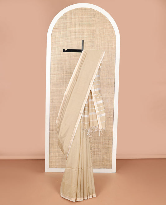 Sandal maheshwari cotton saree with contrast zari design border & striped pallu