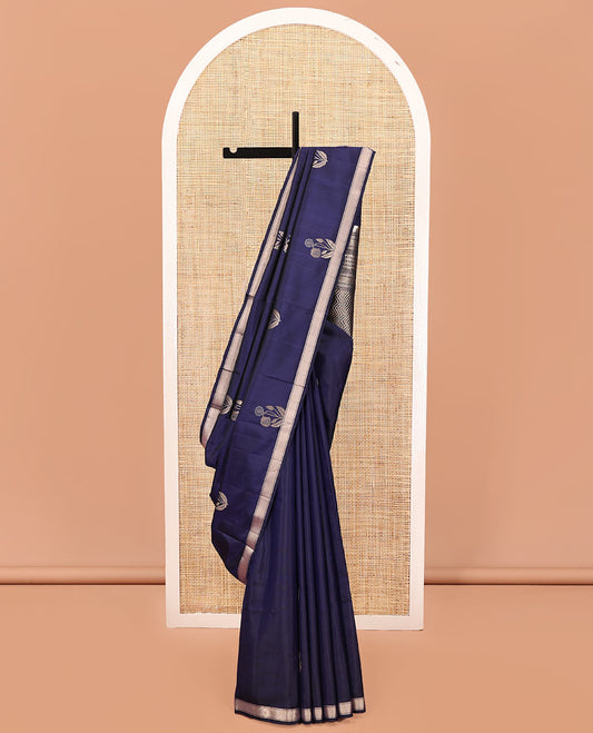 Blue Mayuri Soft Silk Saree, Richly Woven with Floral Zari Buttas All Over Its Body, Highlighted by a Zari Bavaji Border, Pallu of Vanki Designs, and Paired with a Matching Blouse