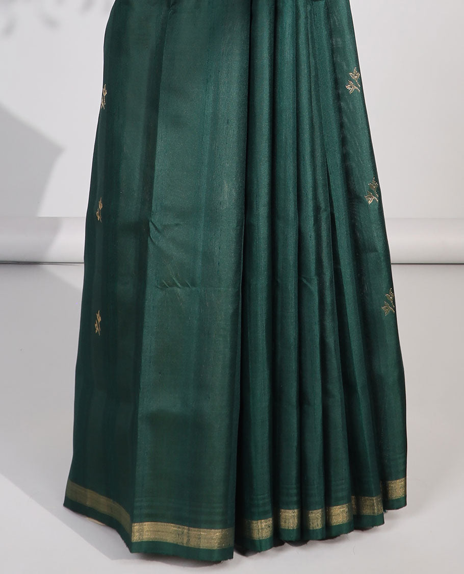 Green floral buttas soft silk saree with contrast zari border & intricate zari design pallu