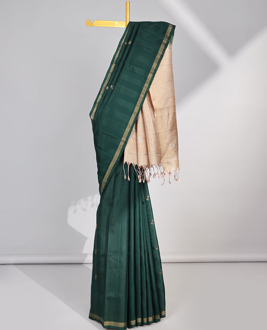 Green floral buttas soft silk saree with contrast zari border & intricate zari design pallu