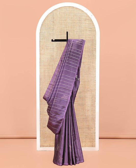 Borderless Grey Mayuri Soft Silk Saree, Entralled with Stripes and Warli Animal Motifs Woven On Its Body, Pallu Woven with Coconut Tree Motifs, and Paired with a Matching Blouse