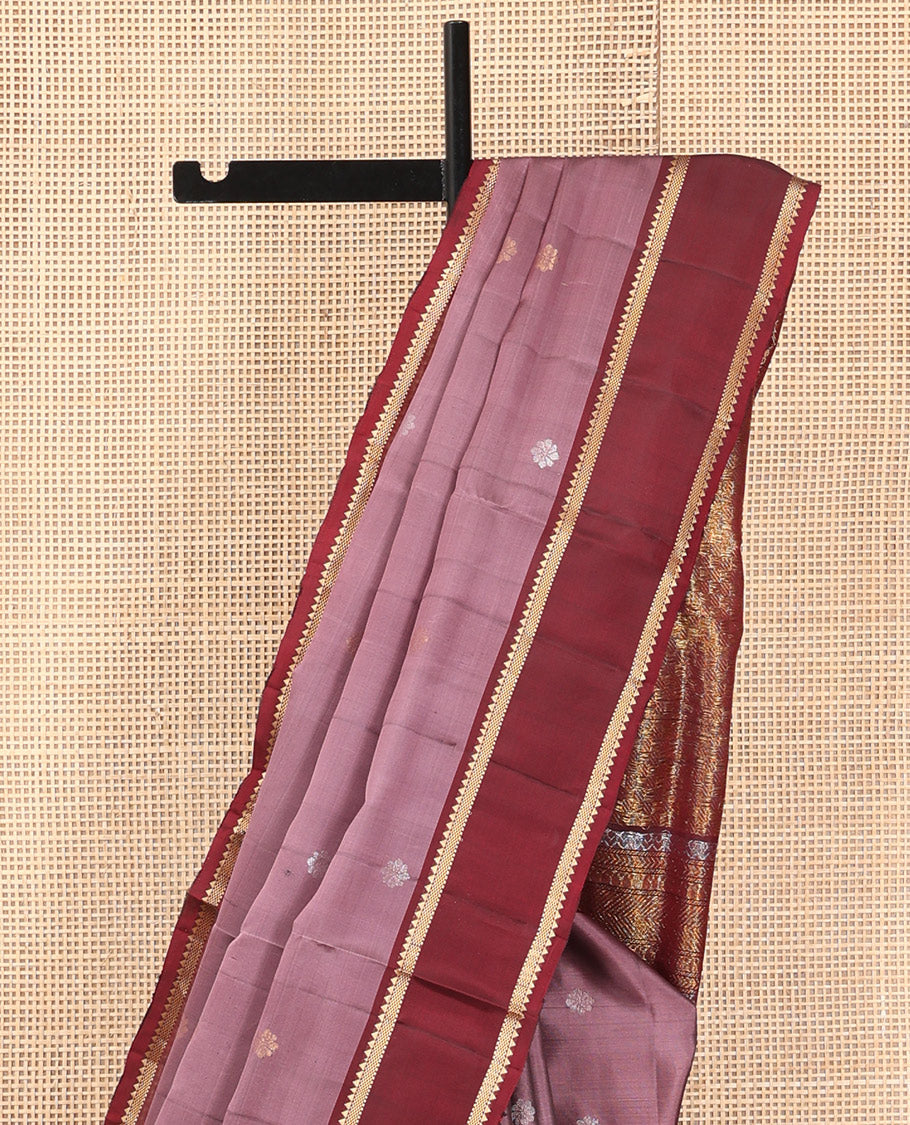 Dark Onion Pink Mayuri Lite Silk Mix Saree, Highlighted by Zari Buttas, Complemented By Contrast Rettai Pettu Zari Border, a Grand Pallu, and a Contrast Blouse