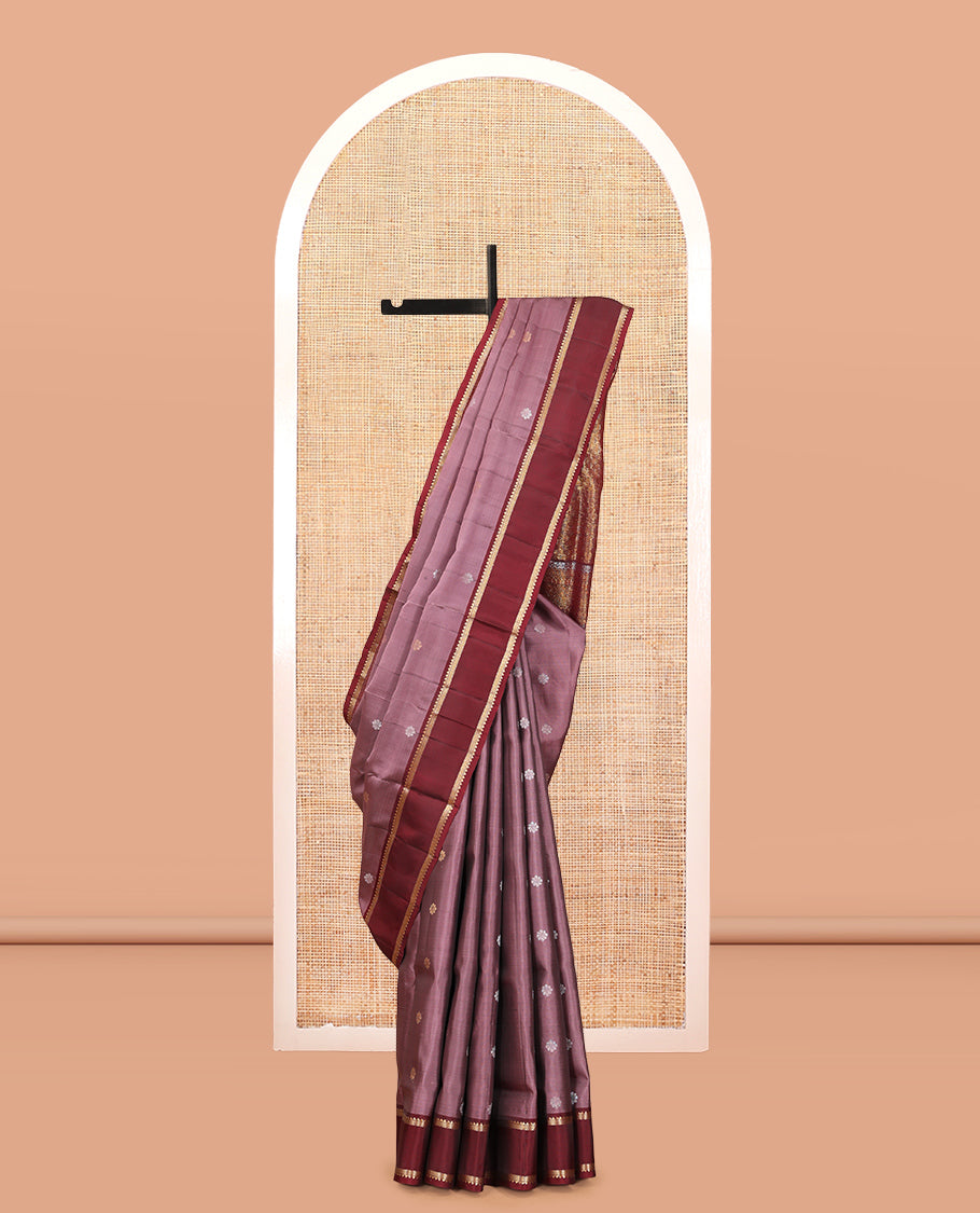 Dark Onion Pink Mayuri Lite Silk Mix Saree, Highlighted by Zari Buttas, Complemented By Contrast Rettai Pettu Zari Border, a Grand Pallu, and a Contrast Blouse