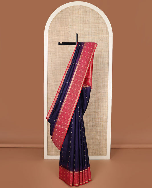 Blue zari buttas soft silk saree, contrast zari checked kodi visiry border & pallu of intricate zari designs