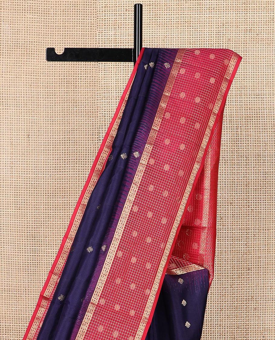 Blue zari buttas soft silk saree, contrast zari checked kodi visiry border & pallu of intricate zari designs