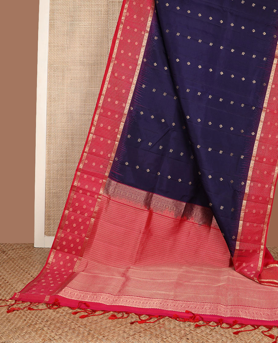 Blue zari buttas soft silk saree, contrast zari checked kodi visiry border & pallu of intricate zari designs