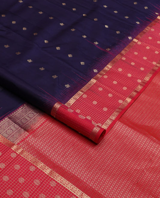 Blue zari buttas soft silk saree, contrast zari checked kodi visiry border & pallu of intricate zari designs