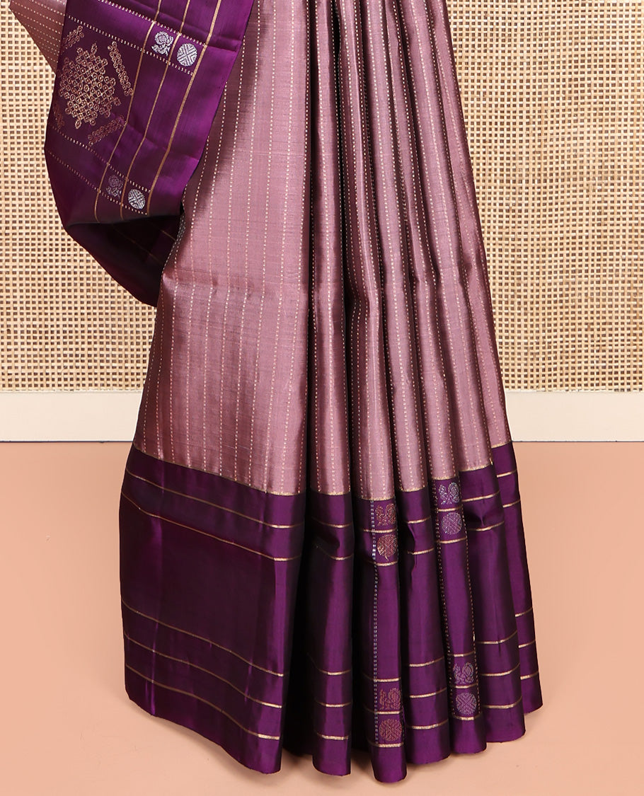 Rosewood Pink Mayuri Lite Silk Mix Saree, Woven with Muthu Stripes All Over Its Body, Complemented by a Contrast Border of Kolam Motifs, Flora-Leaf Design Pallu, and Paired with a Contrast Blouse