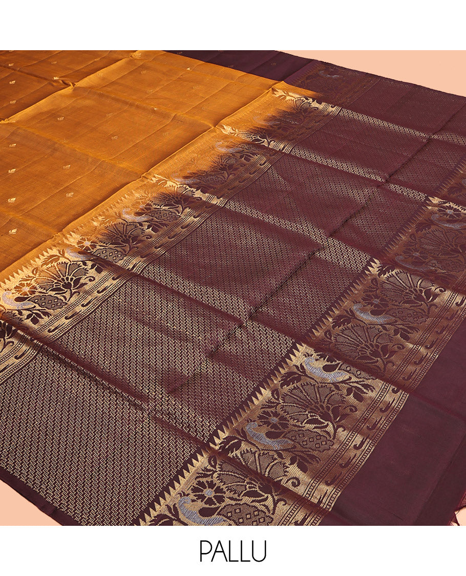 Orange Mayuri Lite Silk Mix Saree, Woven with Buttas, a Contrast Paithani Floral-Peacock Temple Border, Zig-Zag Pallu, and a Matching Blouse