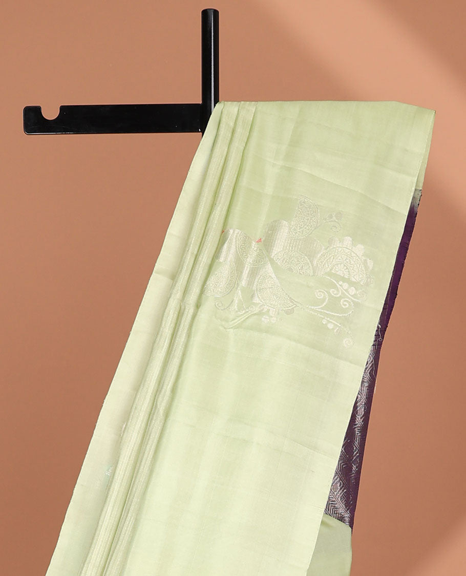 Borderless green soft silk saree with zari designs, contrast pallu of banaras,mayil kann,poun, diamond & manga design