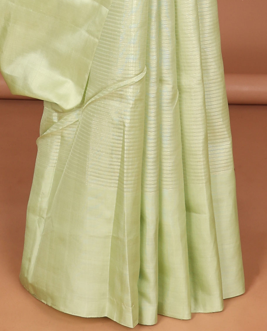 Borderless green soft silk saree with zari designs, contrast pallu of banaras,mayil kann,poun, diamond & manga design