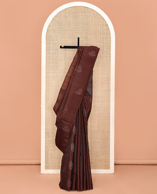 Brown Mayuri Soft Silk Saree, Decked Up with Stripes and Buttas All Over Its Body, Subtle Border, Sparsely Woven Pallu of Jaal Design, and Paired with a Matching Blouse