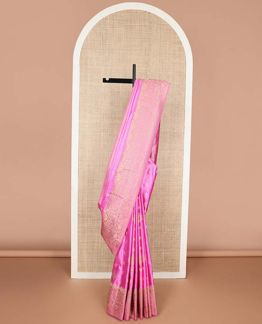 Pink  floral motifs mushru silk saree with self floral design border & floral design pallu