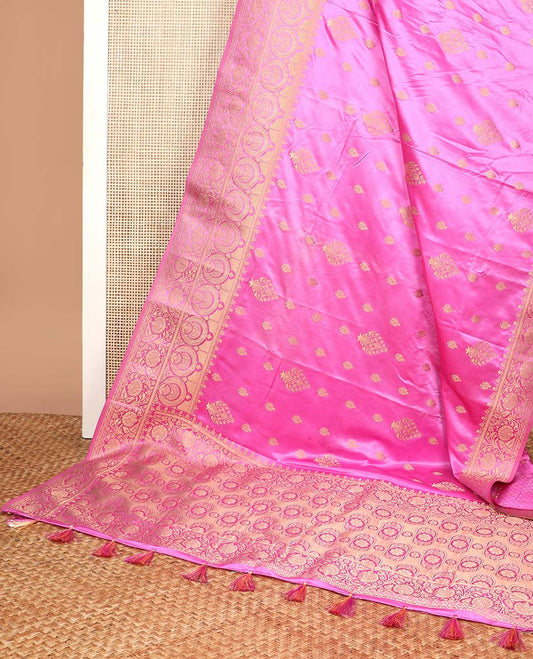 Pink  floral motifs mushru silk saree with self floral design border & floral design pallu