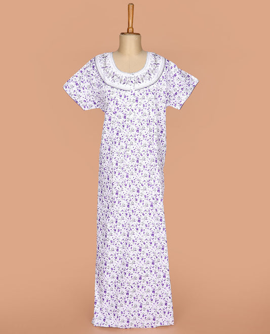 White floral printed with embroidered round neck half-sleeve nighty