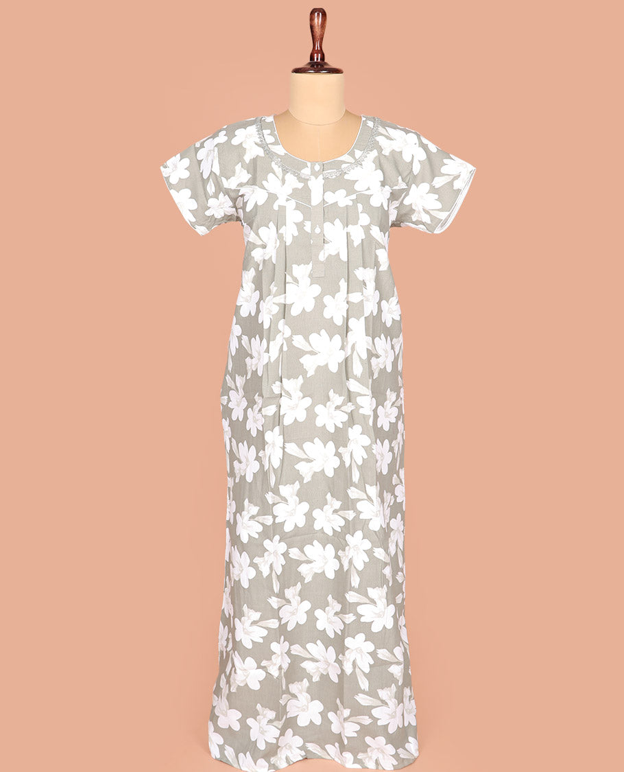 Light Grey Cotton Nighty Delicately Decked Up with Silhouette Floral Motifs Print, Featuring Lace Work, Round Front Neck, and Half Sleeves