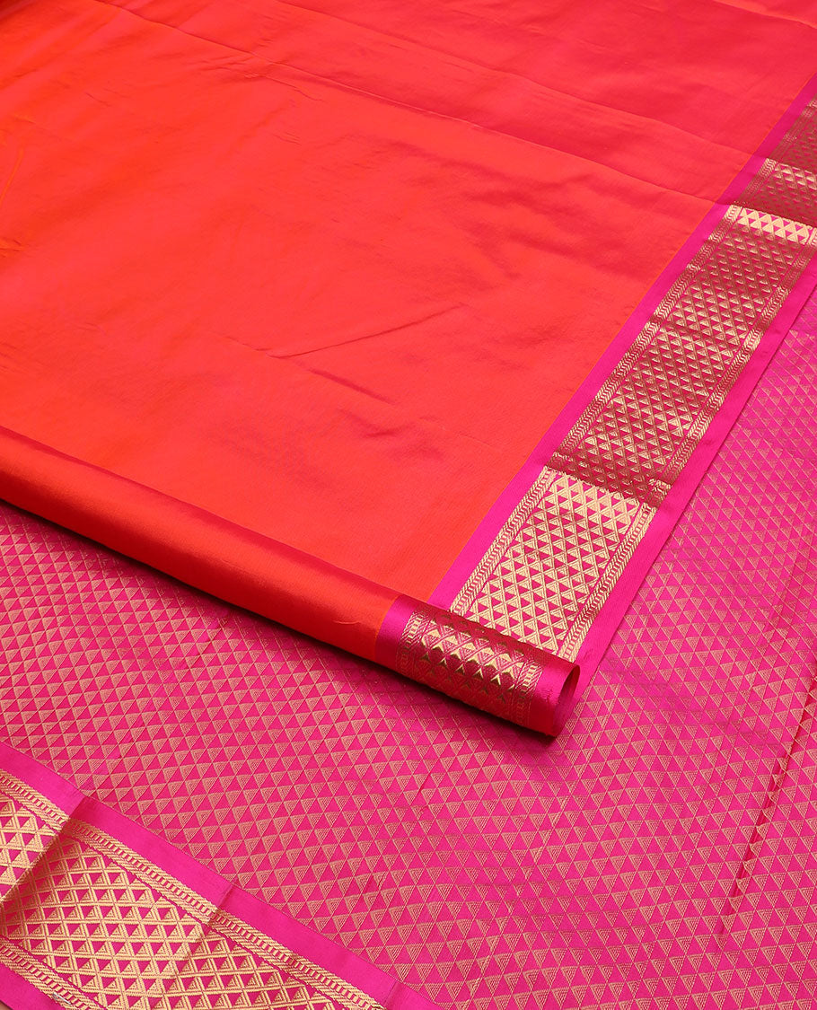Orange plain nine-yard silk saree, contrast border of Muthu, and ara maadam, and ara maadam design pallu