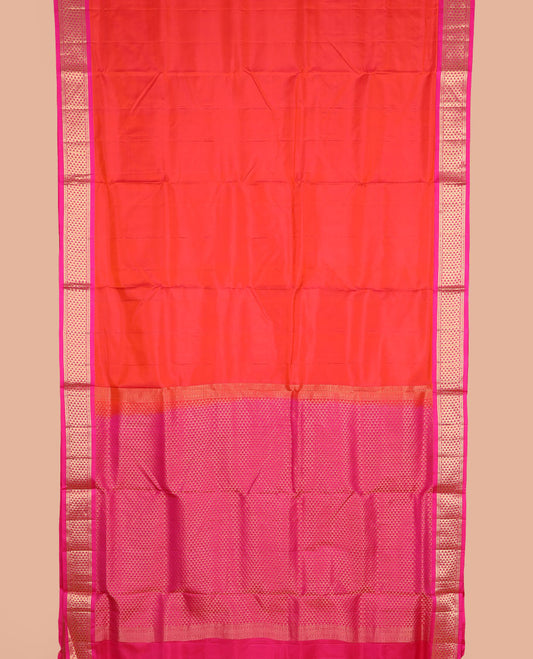 Orange plain nine-yard silk saree, contrast border of Muthu, and ara maadam, and ara maadam design pallu