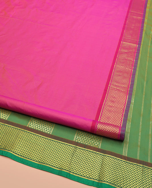 Pink Plain Ten-Yard Art Silk Saree, Highlighted by a Contrast Traditional Ara Maadam Border, and Pallu Detailed with Zari Designs