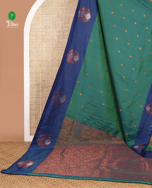 Peacock green with blue star zari butta soft silk saree with contrast small checks border & rich weaving pallu along with butta design blouse