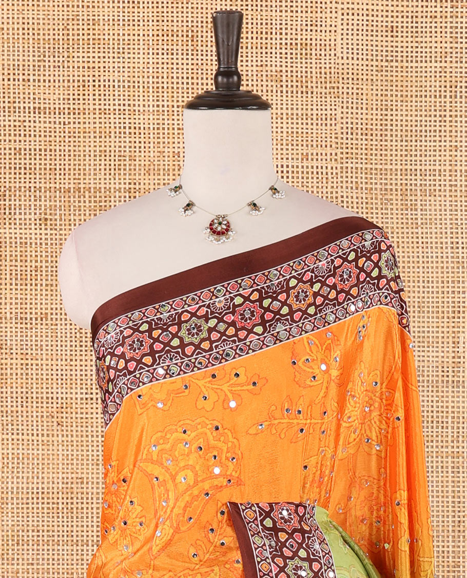 Multi-colour rainbow style printed, mirror work masakali saree with printed, mirror work border & printed pallu along with bhandani printed blouse